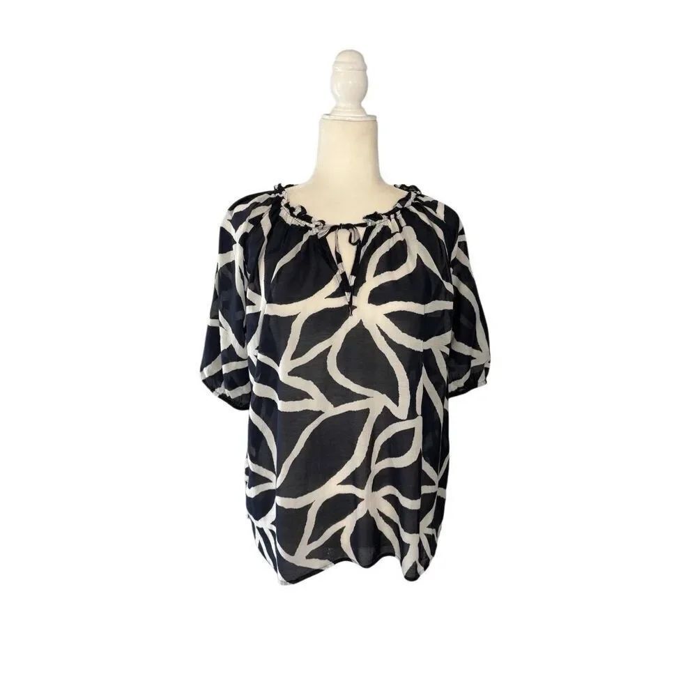 Ann Taylor blouson sleeve navy and white leaf pattern light cotton blouse - LP